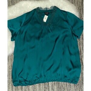Lane Bryant Green Short Sleeve Lace Trim Short Sleeve Elastic Hem Top NEW 26/28